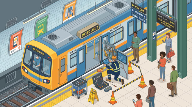 Isometric subway station scene with maintenance engineer repairing metro train on platform for urban transport and public infrastructure concepts