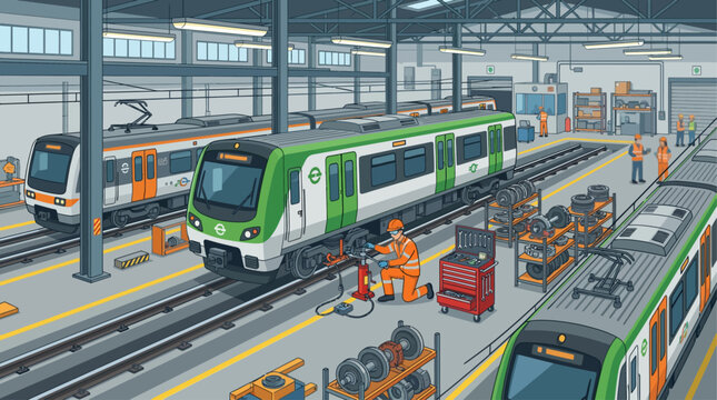 Isometric illustration of railway maintenance depot with workers repairing passenger trains inside a industrial workshop facility