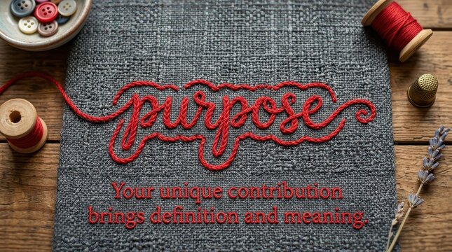 Embroidery of the word Purpose and motivational text on fabric with sewing notions for crafting and handmade creativity
