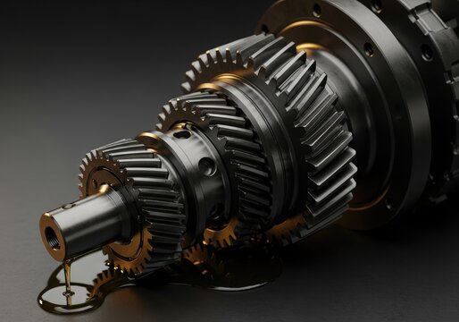Close-up of a complex industrial gearbox with gears and oil.