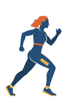 Stylized female runner in dynamic side profile silhouette with bold flat color blocks and minimal details, isolated on white. Sport and fitness concept