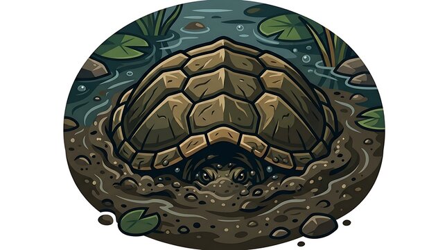 Turtle in pond mud with transparent background