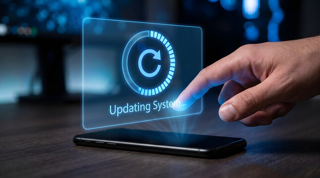 Human finger activating a holographic system update interface above a smartphone with progress display.