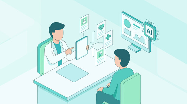 Isometric illustration of a doctor using artificial intelligence for patient medical consultation in a modern digital clinic environment for healthcare technology and telemedicine concept
