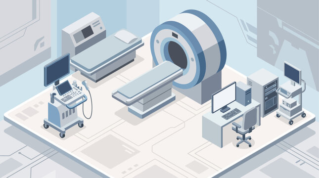 Isometric medical diagnostic room with MRI scanner ultrasound machine and computer workstation for hospital healthcare concept