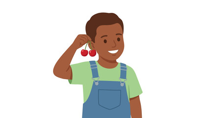 African American Boy with Bright Red Cherries