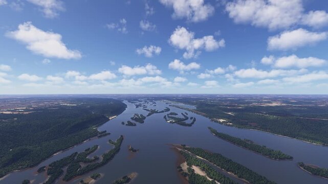 Aerial drone shot of Upper Mississippi River National Wildlife and Fish Refuge in Thomson. Wisconsin and Iowa. United States
