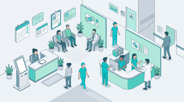 Isometric hospital reception and medical clinic waiting room with doctors and patients in flat vector style for healthcare digital marketing and clinic management presentations