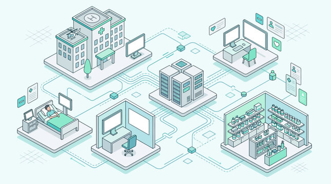 Isometric medical network diagram featuring hospital server room pharmacy and patient care center for healthcare digital transformation and telehealth technology concepts