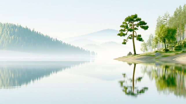 Morning light reflects on a calm lake surrounded by trees and hills