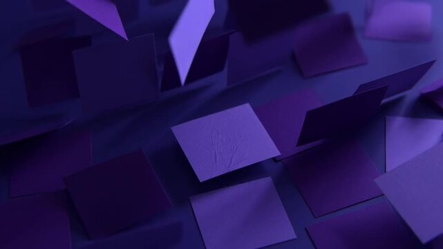 Abstract 3D Motion Background Featuring Floating Purple Square Tiles in Dynamic Arrangement.