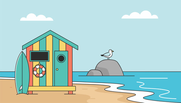 Colorful wooden beach hut next to a surfboard and a seagull sitting on a rock in the calm ocean, simple cartoon vector design.