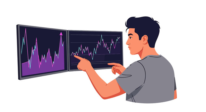 Male Day Trader Analyzing Multiple Monitors