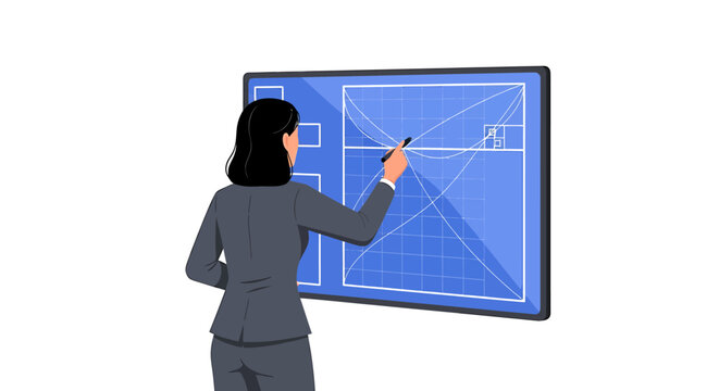 Female Technical Analyst Drawing Fibonacci on Smartboard