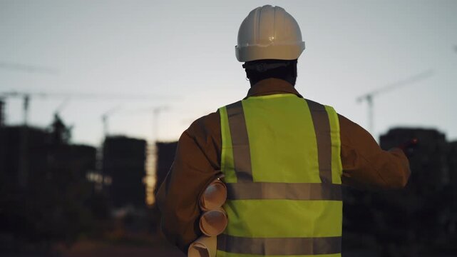 Rapid pace of urban development, foreman walking in large construction site. Silhouette of buildings under construction in new district, back view of professional builder or inspector viewing site