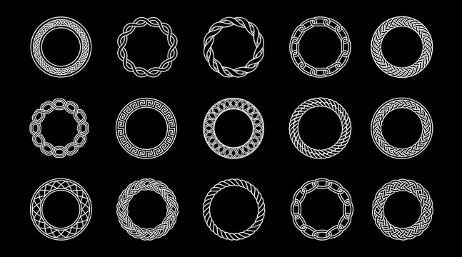 Set of round decorative borders circular frames with celtic patterns ropes chains and knot work ornament set.