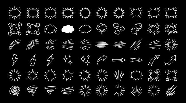 Set of hand drawn design elements doodle comic style burst star cloud explosion action effect isolated on black.