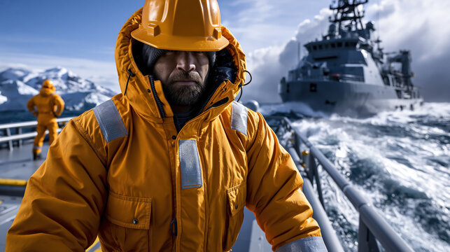 Maritime worker orange jacket safety gear cold weather rough sea navy ship ocean wave stormy sky military vessel rescue crew maritime worker orange jacket wearing safety gear cold weather rough