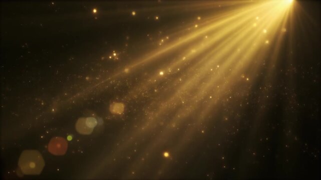 Ultra realistic cinematic sunbeam overlay with warm volumetric light shafts and illuminated dust particles, creating a premium seamless video overlay with atmospheric depth and golden haze.