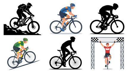 Obraz premium Professional vector collection featuring different cyclist action poses, road cycling, mountain biking, sprint cycling, climbing uphill, standing on pedals, celebrating finish line