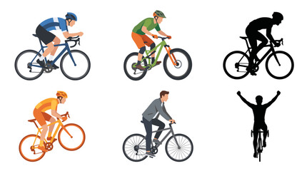 Naklejka premium Professional vector collection featuring different cyclist action poses, road cycling, mountain biking, sprint cycling, climbing uphill, standing on pedals, celebrating finish line