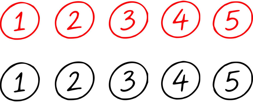 Hand drawn numbered circles from one to five in red and black for lists and design projects