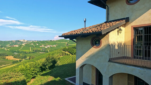 Scenic View of Barbaresco Vineyards from a Traditional Italian Villa