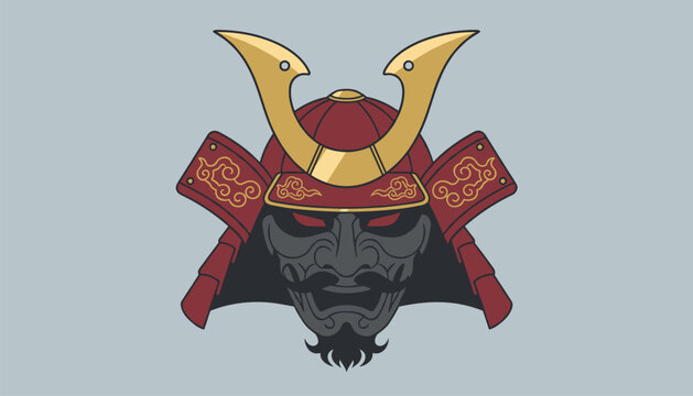 Traditional japanese samurai helmet kabuto and red mask mengu, martial arts and bushido culture vector illustration.