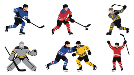 Professional vector collection featuring different hockey player action poses, skating with hockey stick, shooting puck, slap shot, defending goal, checking opponent, celebrating goal © mehdik
