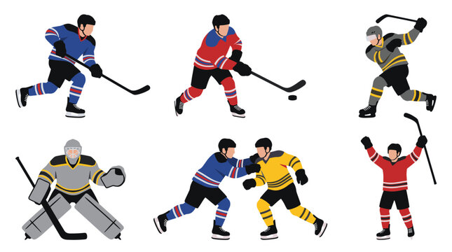 Professional vector collection featuring different hockey player action poses, skating with hockey stick, shooting puck, slap shot, defending goal, checking opponent, celebrating goal