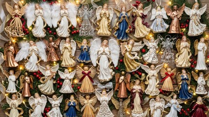 Fototapeta premium Collection of Various Angel Figurines Displayed on Wall.
