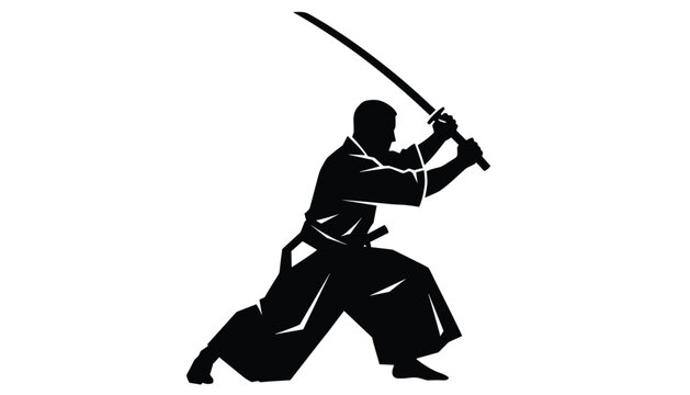 Dynamic black silhouette of a traditional japanese samurai warrior in mid action holding a sharp katana sword, vector.
