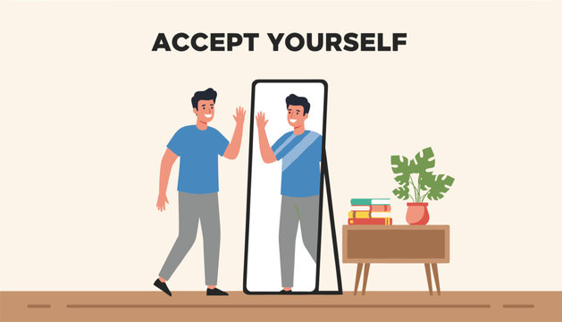 Smiling young man waving to his reflection in a full-length mirror, showing a concept of self acceptance and love.