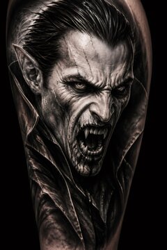 Vampire creature head with fangs detailed tattoo