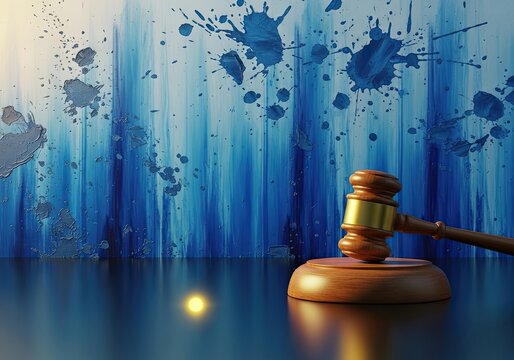 Gavel on reflective surface with abstract blue background and paint splatters.