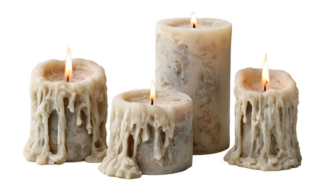 Three Burning Wax Candles Isolated on White Background with Glowing Flames for Christmas Holiday Celebration Romantic Candlelight and Home Decoration