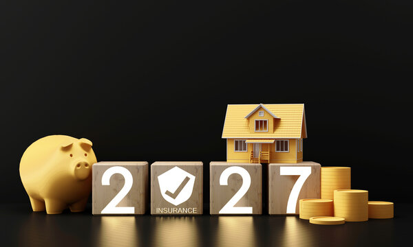 Golden piggy bank, house model, insurance shield, 2027 wooden blocks and coin stacks symbolize home protection, savings, investment and financial planning on a dark background. 3d rendering