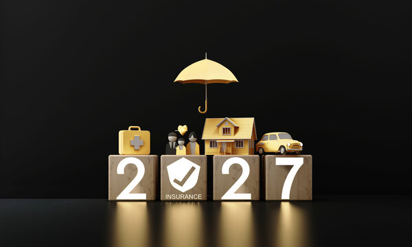 Umbrella protecting health, family, home and car insurance symbols above illuminated 2027 wooden blocks, representing complete coverage and future security. 3d rendering
