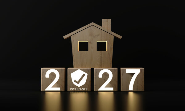Wooden house model above illuminated 2027 blocks with an insurance shield, symbolizing home protection, property coverage and future financial planning on a dark background. 3d rendering