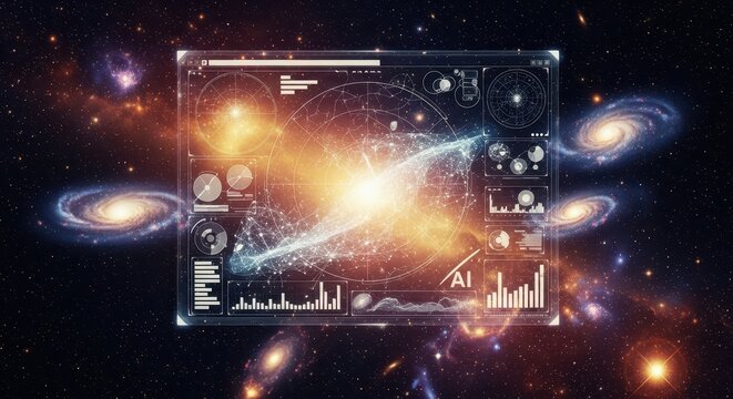 Futuristic holographic display showing complex data and AI interface against a backdrop of swirling galaxies and nebulae