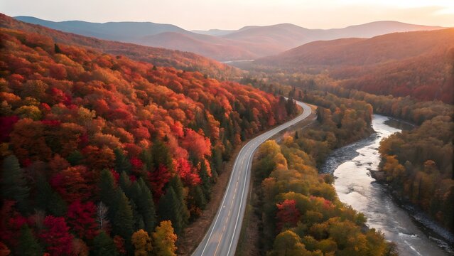 Aerial view of winding road in autumn forest. Scenic highway along river during fall season.