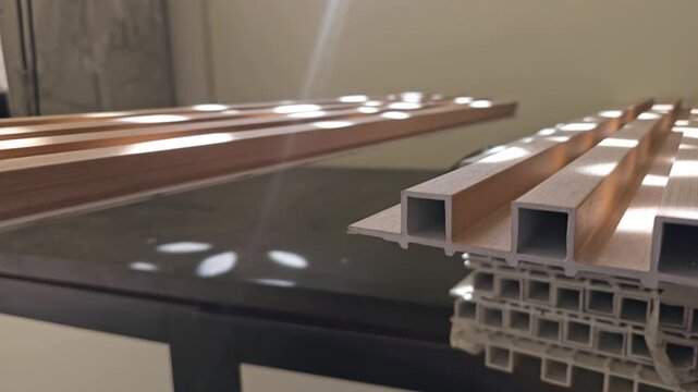 Close up of hands demonstrating the interlocking mechanism of wooden fluted wall panels for interiors