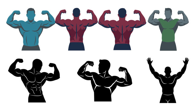 Set of vector collection featuring different bodybuilder action poses, front double biceps pose, side chest pose, back double biceps pose, most muscular pose, flexing arms, victory pose