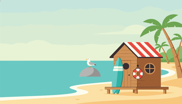 Cozy wooden surf shack on a sandy beach with a turquoise ocean view, palm trees, and a seagull on a rock.