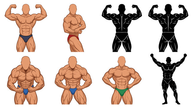 Professional vector collection featuring different bodybuilder action poses, front double biceps pose, side chest pose, back double biceps pose, most muscular pose, flexing arms, victory pose