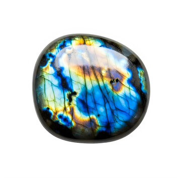 Polished labradorite gemstone specimen on transparent background with gemstone with displays smooth