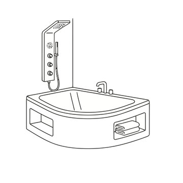 Corner bathtub with shower panel and towels