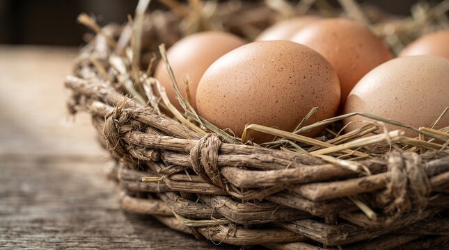 Close-up of a wicker egg basket showcasing intricate woven fibers, natural rattan texture, smooth eggshell surfaces, and soft straw details with exceptional craftsmanship.