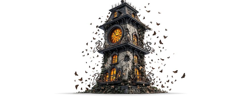 Spooky gothic clock tower illustration with glowing windows and flying bats isolated on white background