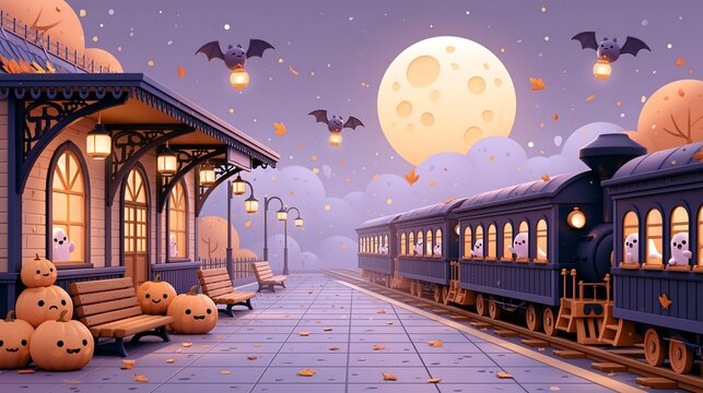 Cute cartoon Halloween train station at night with steam locomotive ghosts and full moon